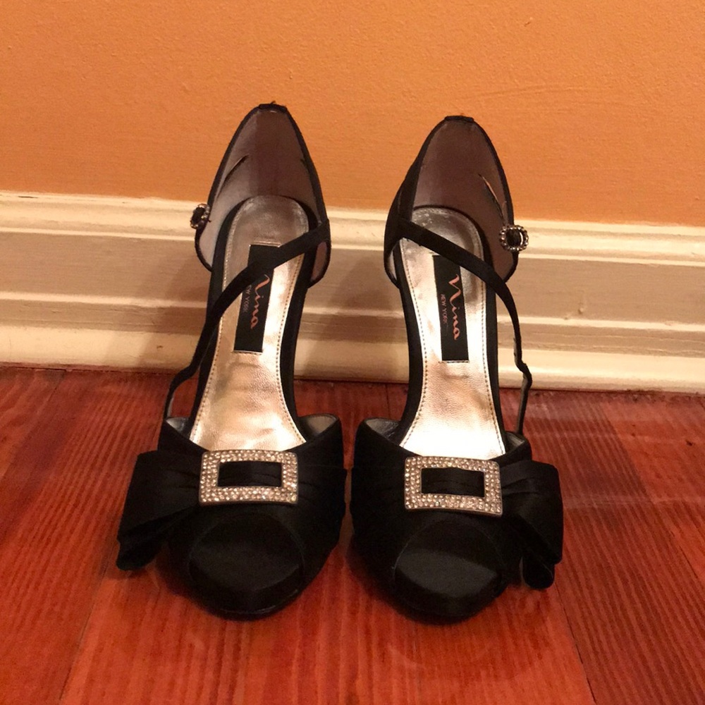 Nina Black Satin Peep-Toe Evening Heels